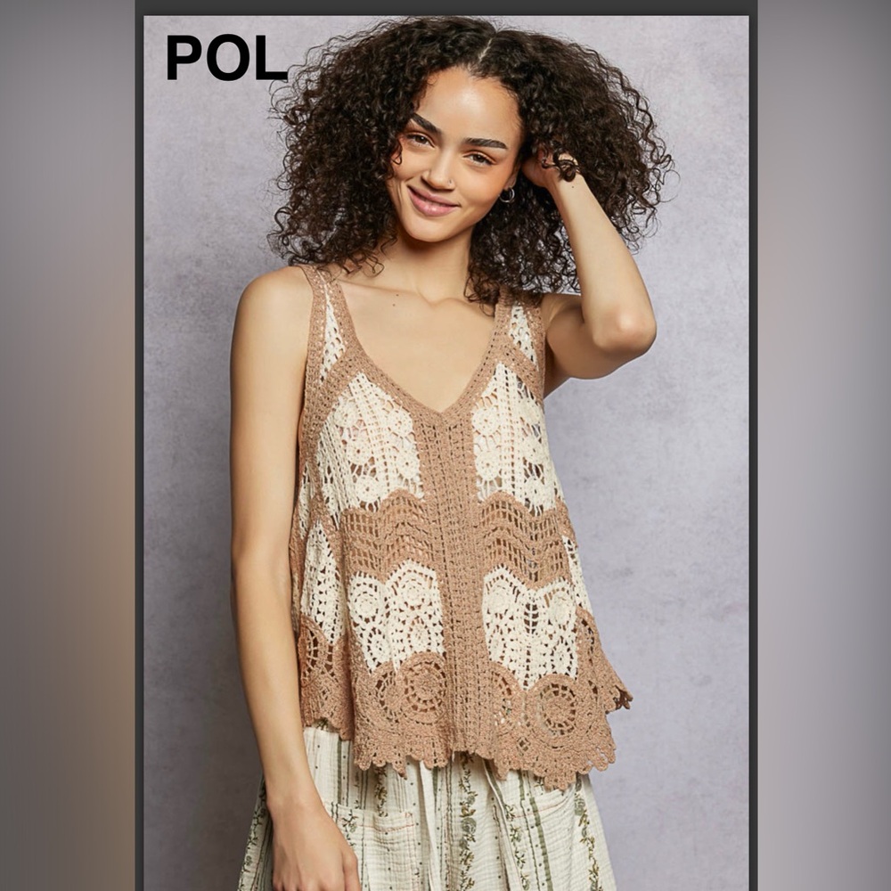 BP224-11🤎🤍NEW! POL pretty Crochet Tank Top - tan & Cream w/a-line flattery!